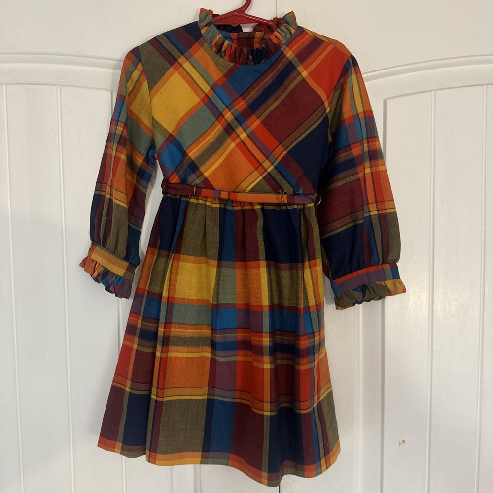 Vtg Plaid Sears Roebuck &‎ Co Honey Suckle Dress With Ruffle Neck/Cuffs Size 6